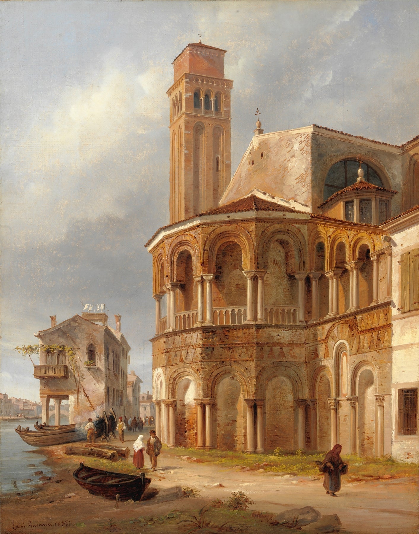 Hand-painted murano church with canal boats and tower landscape oil painting on canvas