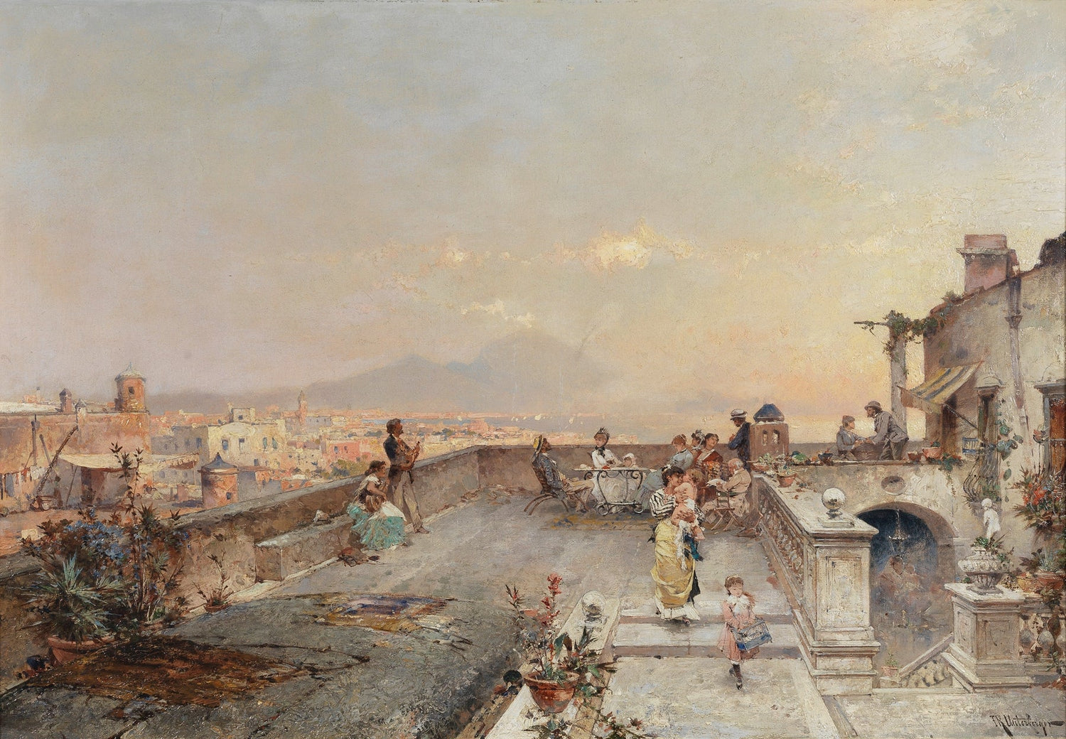 Hand-painted naples terrace with vesuvius view landscape oil painting on canvas