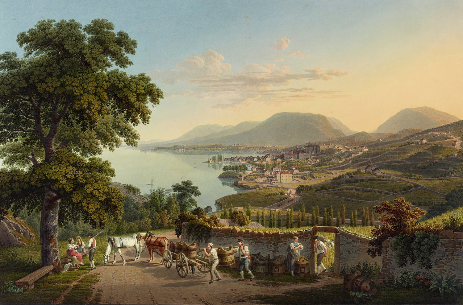Hand-painted neuchatel vineyards with lake and alps landscape oil painting on canvas