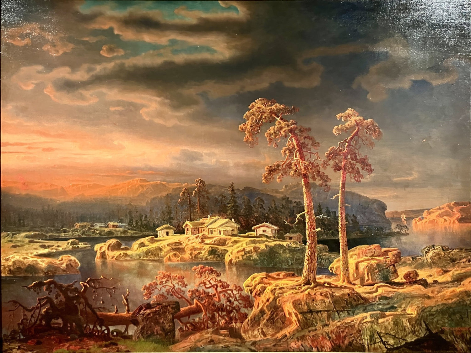 Hand-painted nordic lake sunset with pines and cabins landscape oil painting on canvas