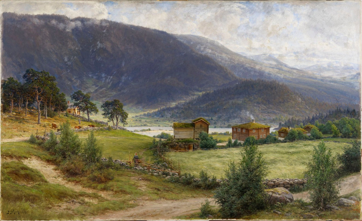 Hand-painted norwegian valley farm and mountain lake landscape oil painting on canvas