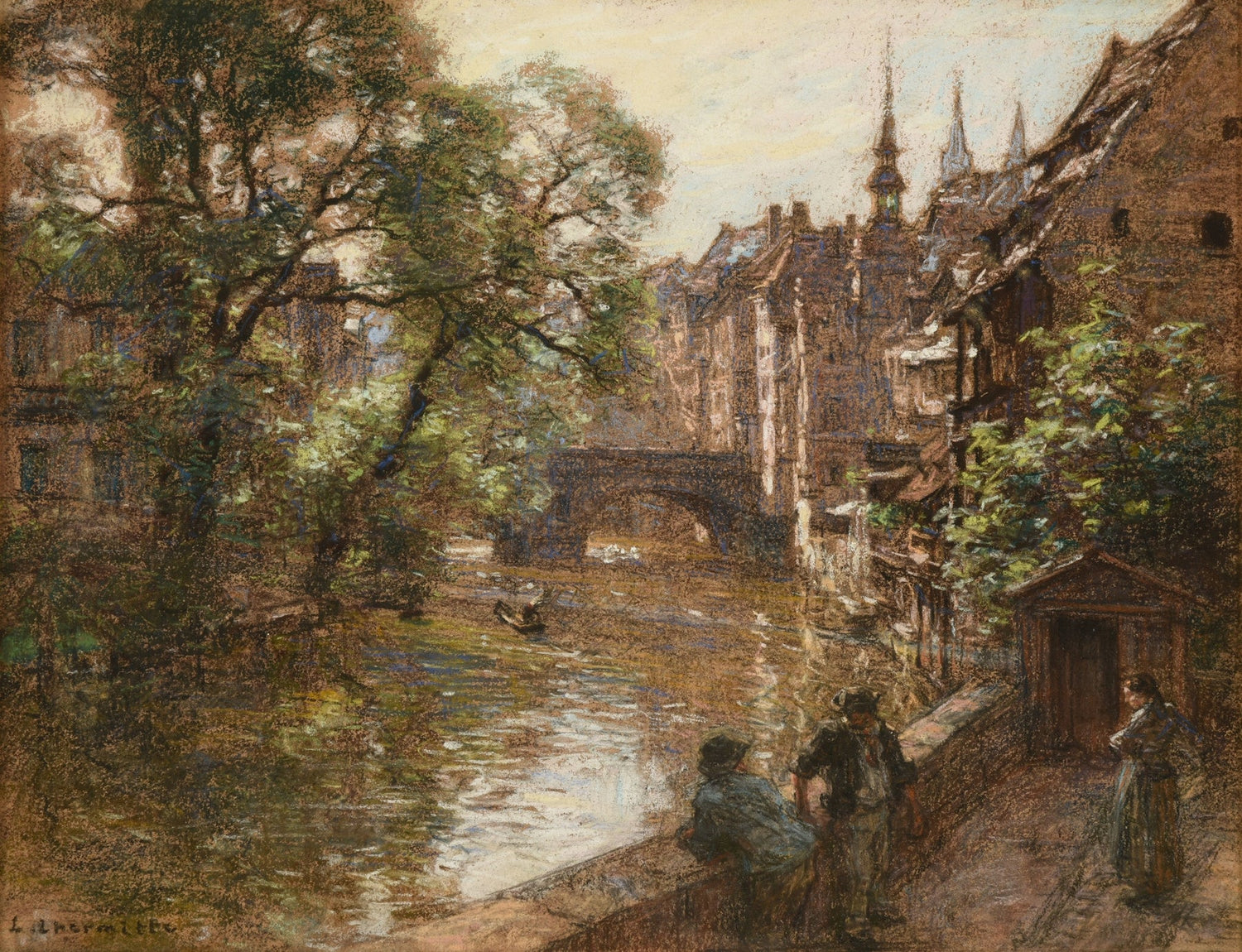 Hand-painted nuremberg canal bridge with figures landscape oil painting on canvas