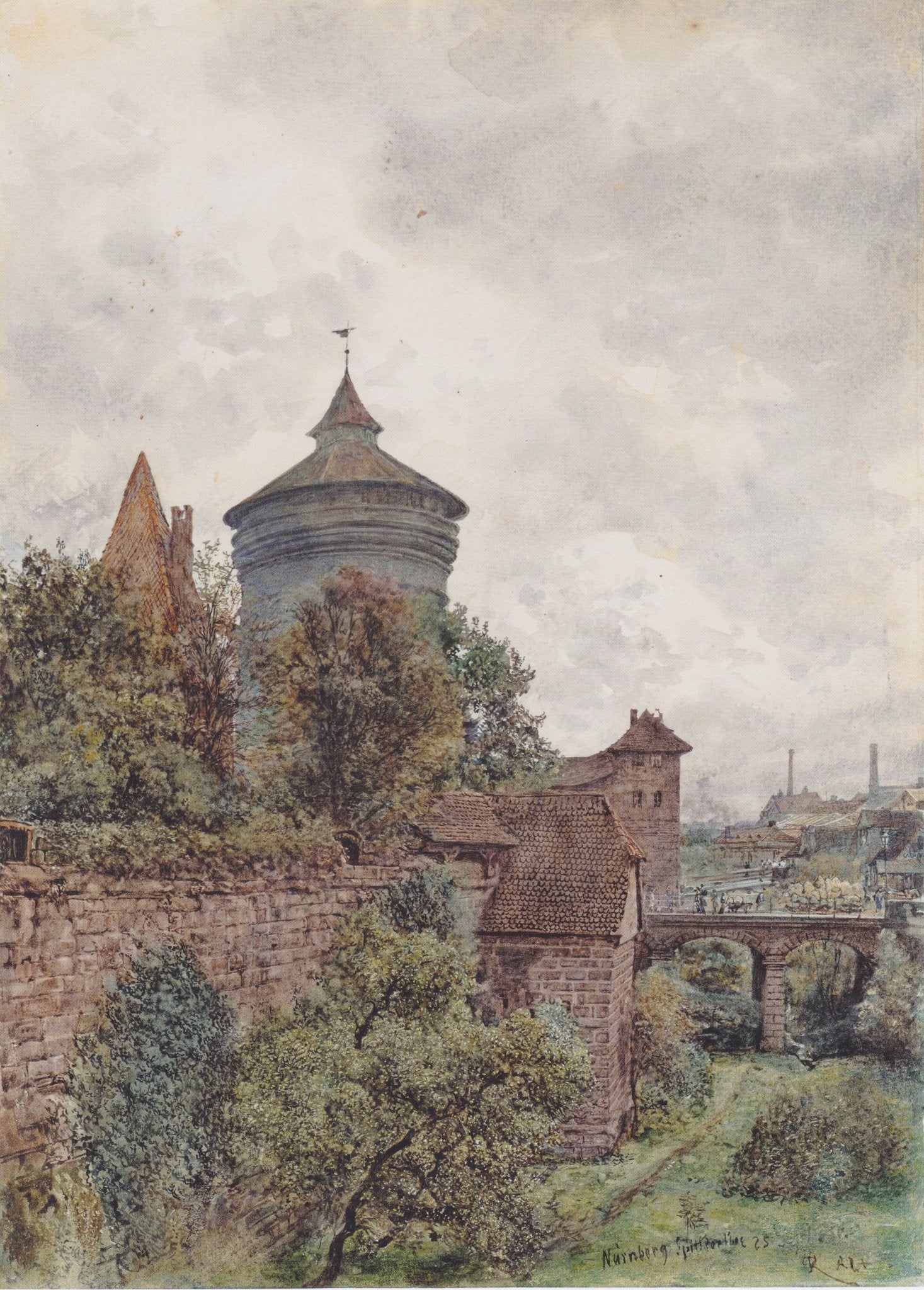 Hand-painted nuremberg wall, tower and bridge view landscape oil painting on canvas