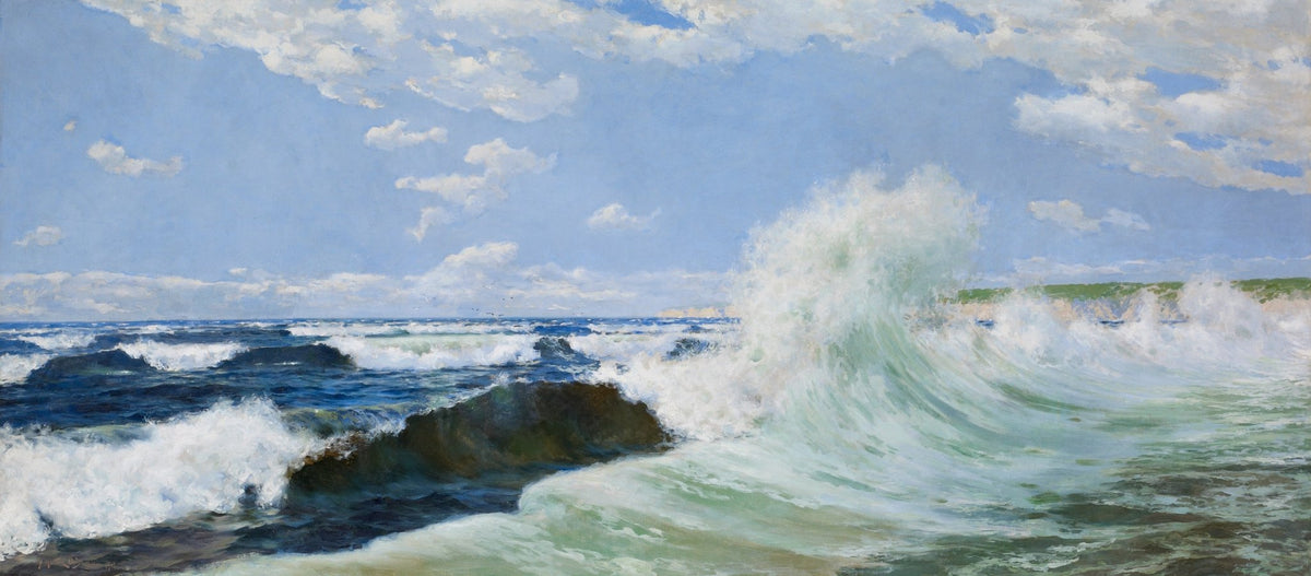 Landscape oil painting of ocean waves crashing on rocky coast with textured brushwork in blue and green oil on canvas. - Add Frame, Canvas, Coastal, Hand Painted, Landscape, Made To Order, Oil Painting, Seascape