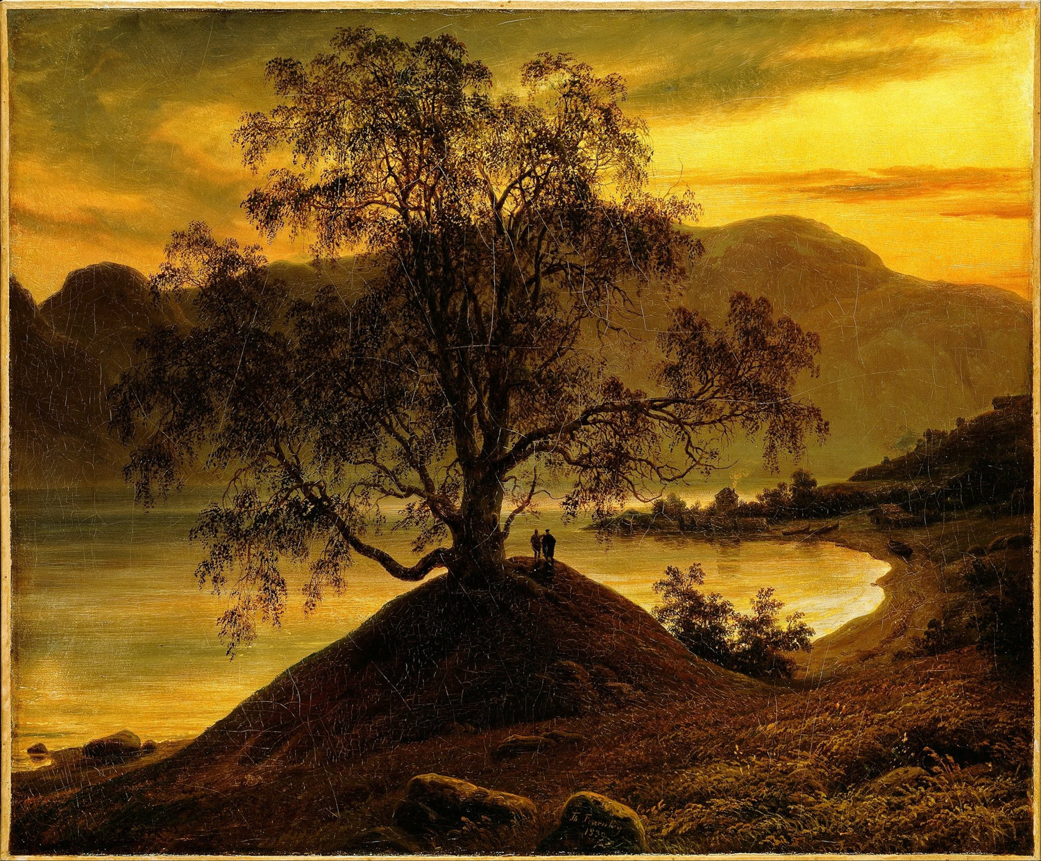 Hand-painted old birch tree by golden sognefjord landscape oil painting on canvas
