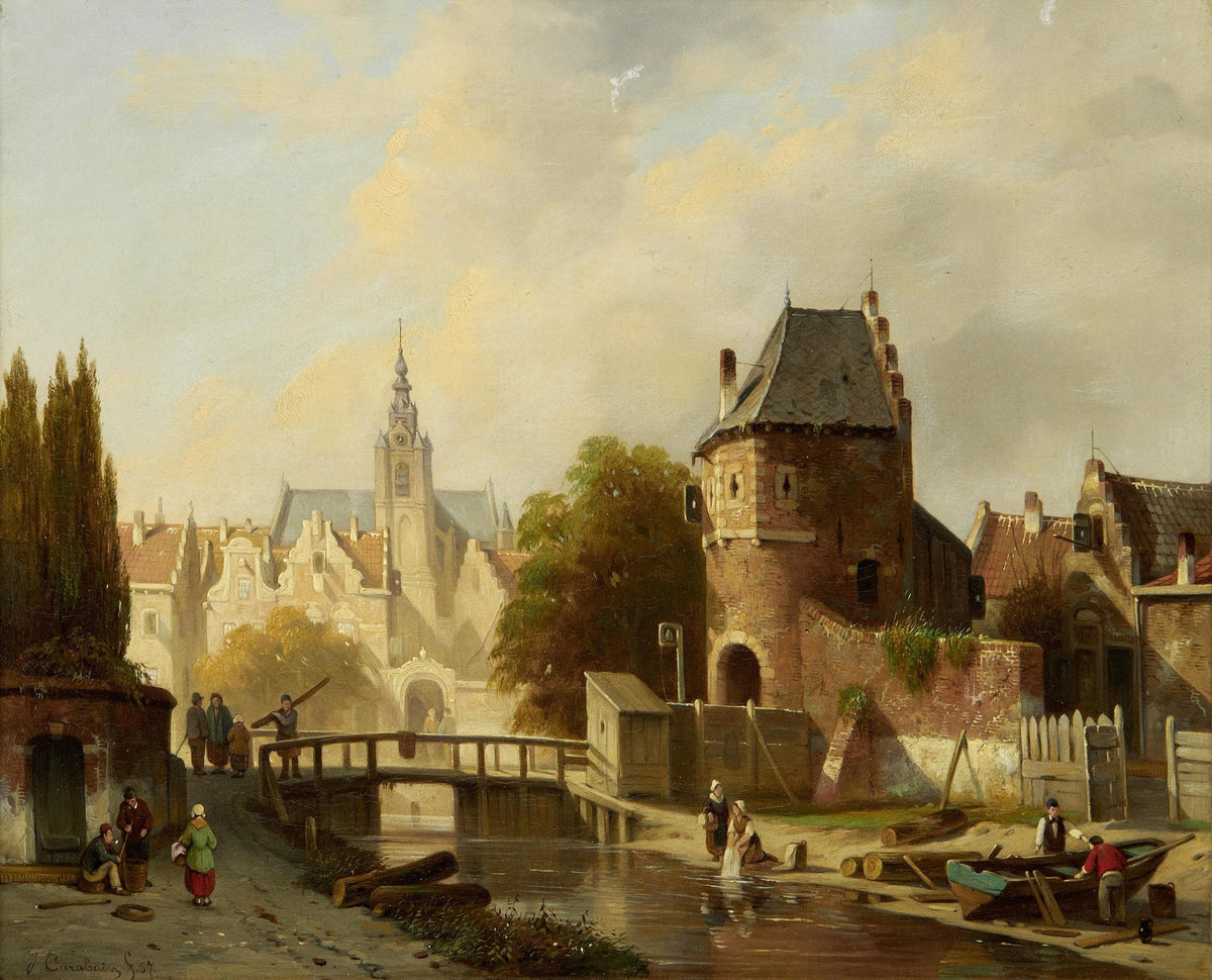 Hand-painted old canal bridge and brick tower landscape oil painting on canvas