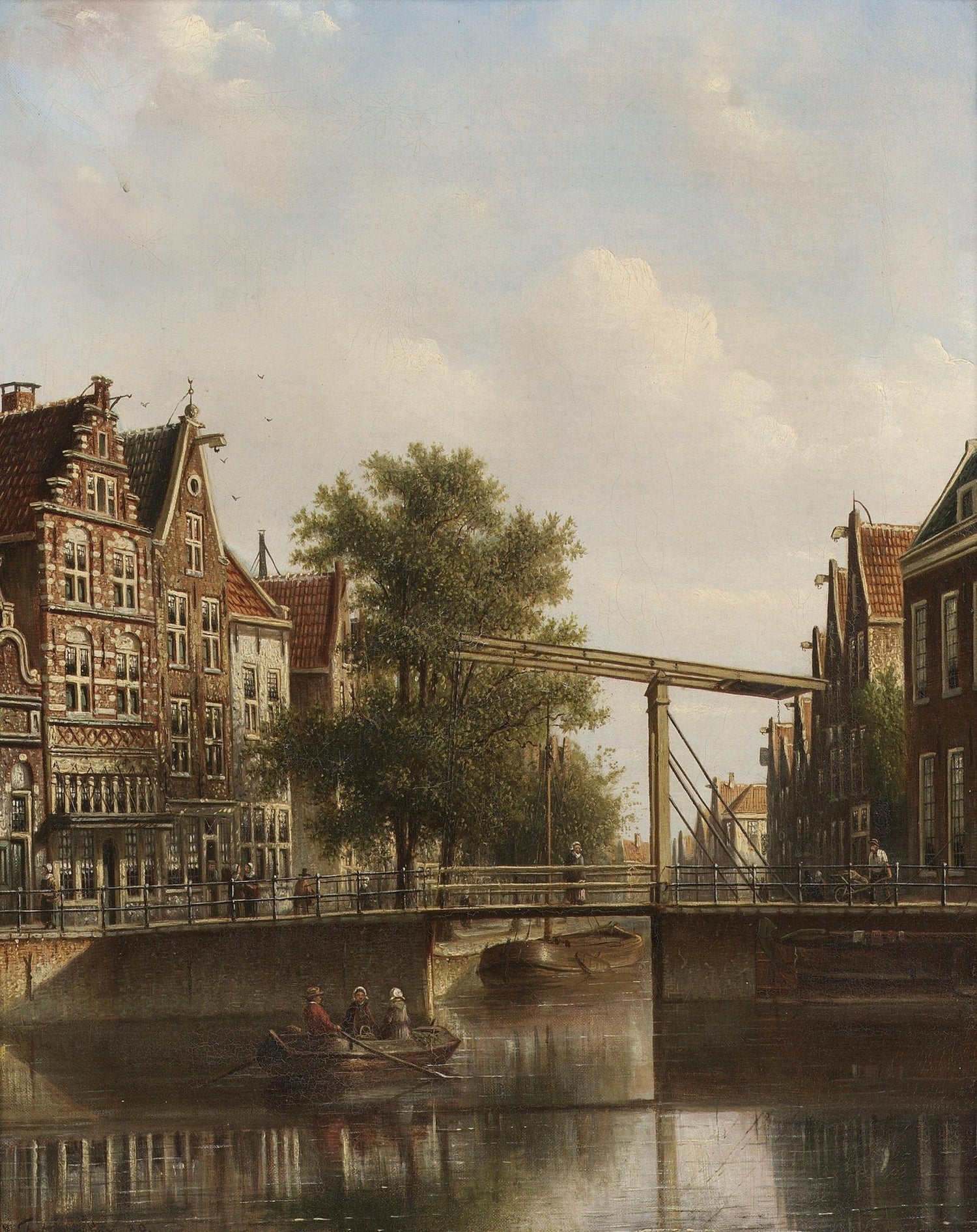 Hand-painted old canal bridge with rowboat landscape oil painting on canvas