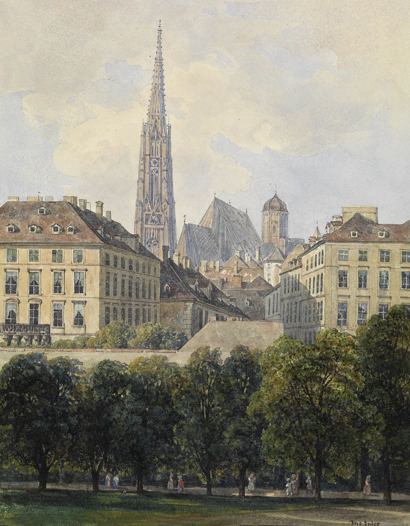 Hand-painted old city park and cathedral spire view landscape oil painting on canvas