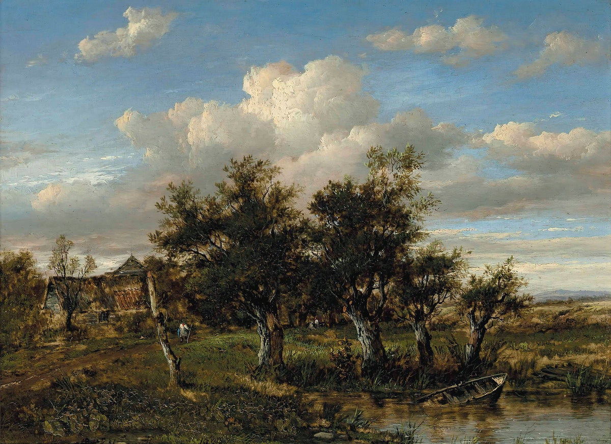 Hand-painted old farmstead by river trees and rowboat landscape oil painting on canvas