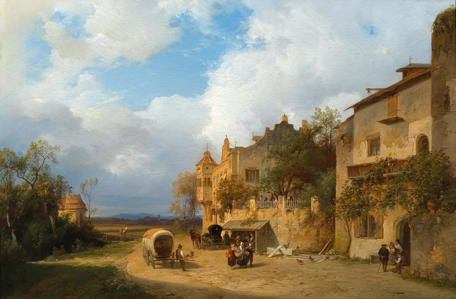 Hand-painted old manor courtyard and wagon scene landscape oil painting on canvas