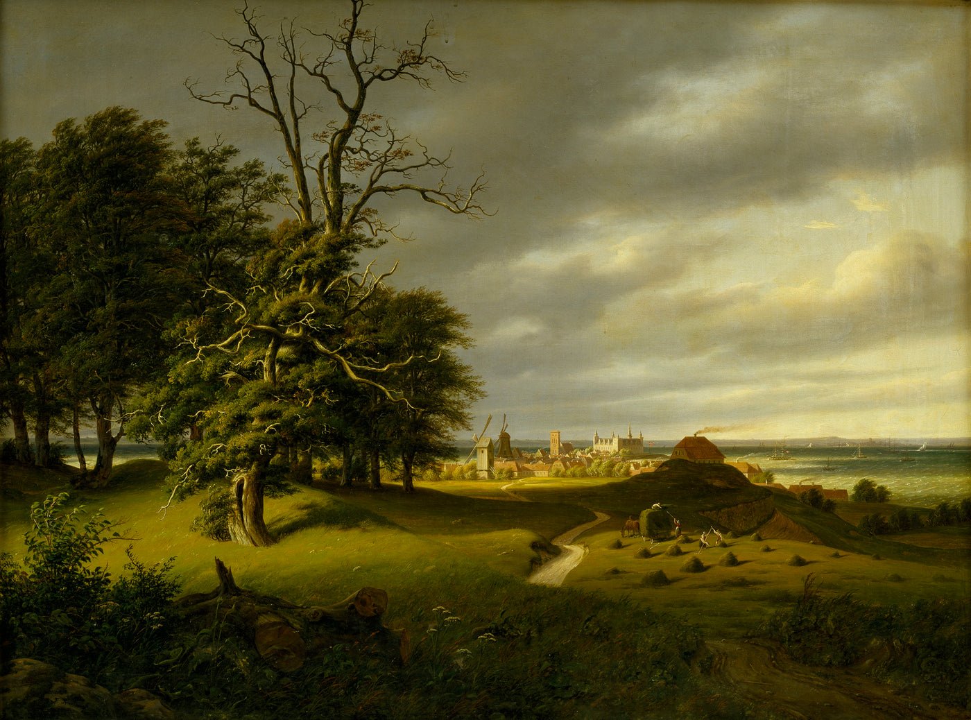 Hand-painted old oak by coastal village and storm sky landscape oil painting on canvas