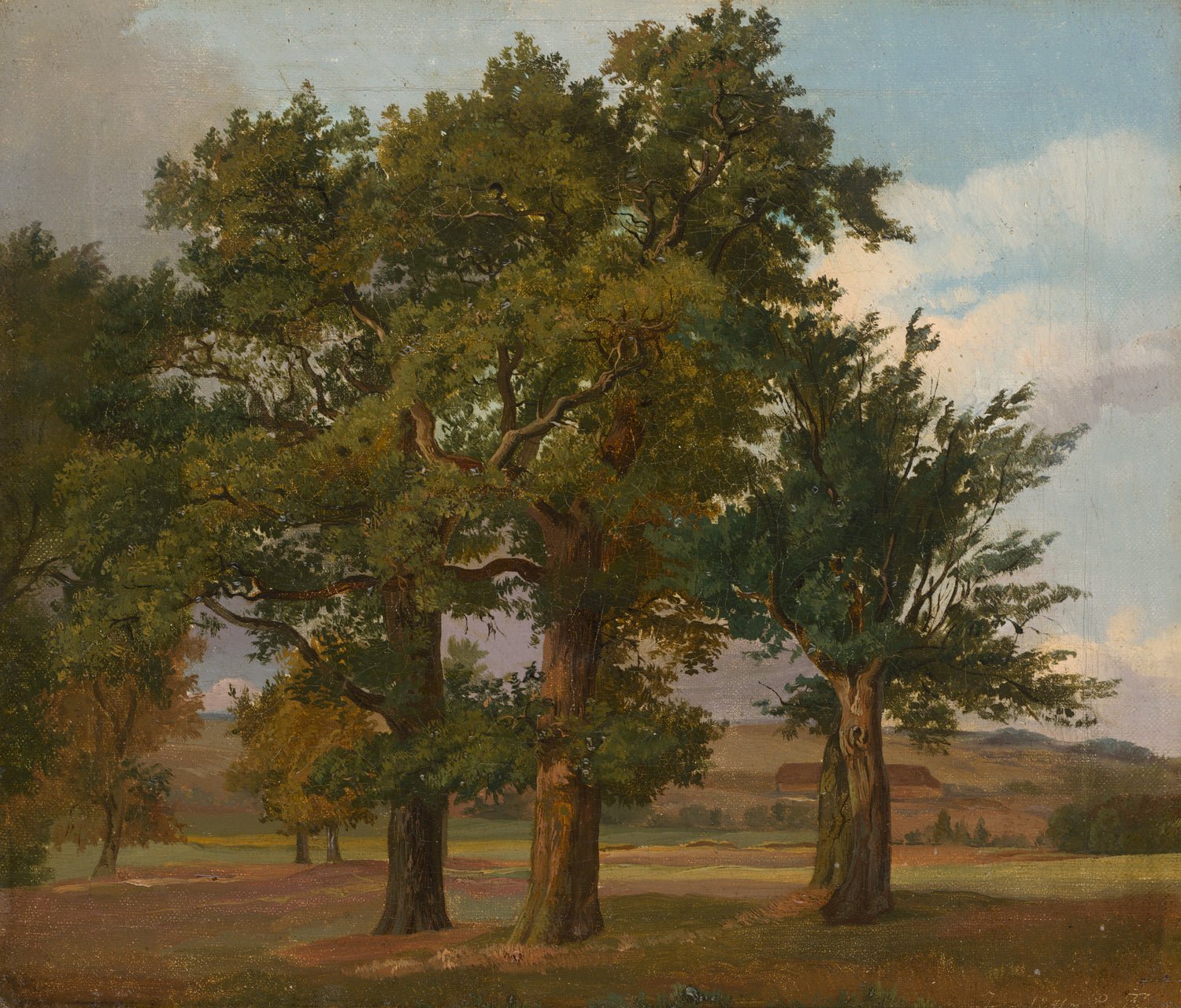 Hand-painted old oak trees in summer meadow landscape oil painting on canvas