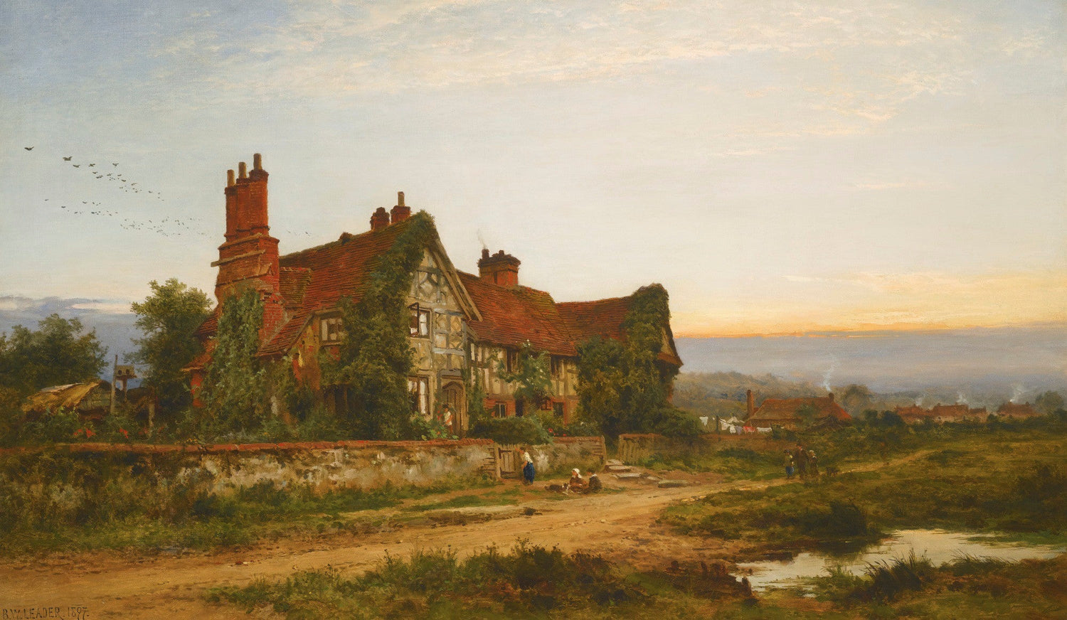 Hand-painted old surrey cottage at sunset road landscape oil painting on canvas