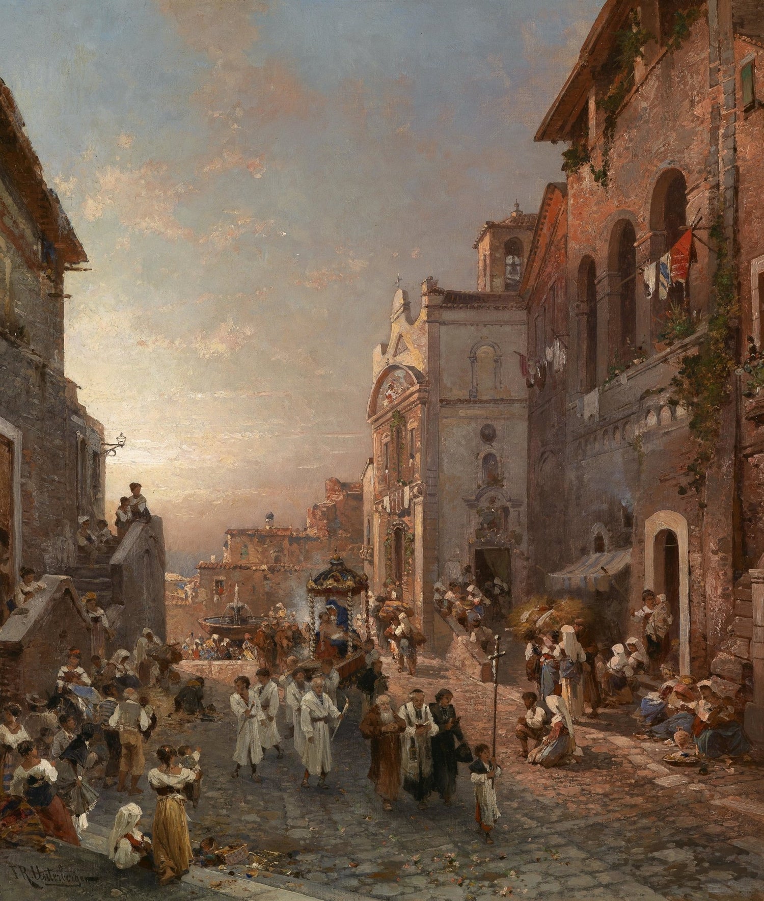 Hand-painted old town church procession at sunset landscape oil painting on canvas