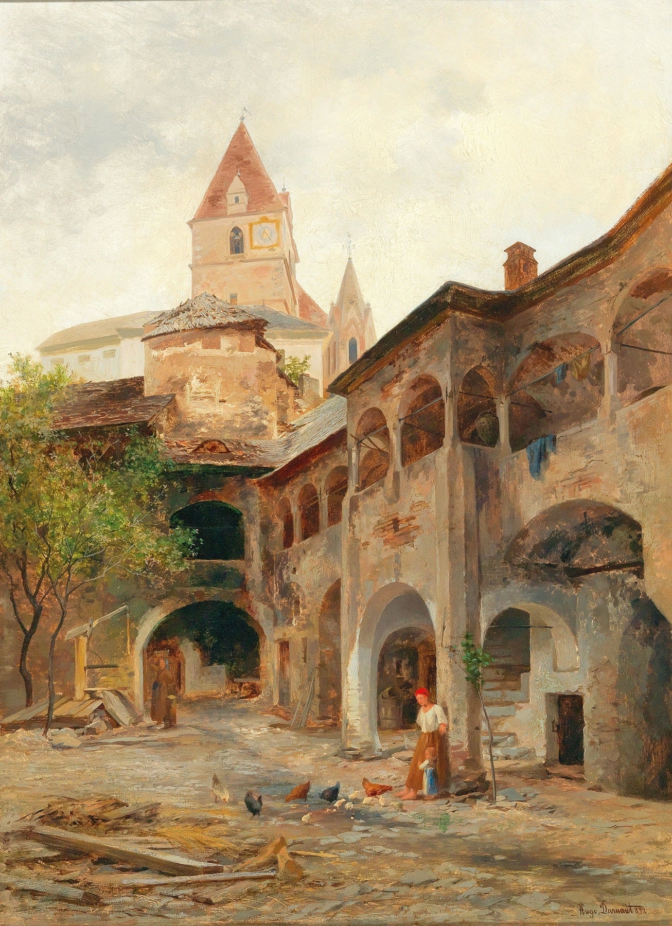 Hand-painted old town courtyard and church tower scene landscape oil painting on canvas