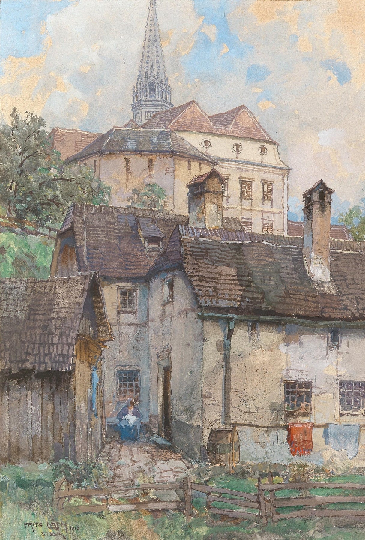 Hand-painted old town houses beneath church spire landscape oil painting on canvas