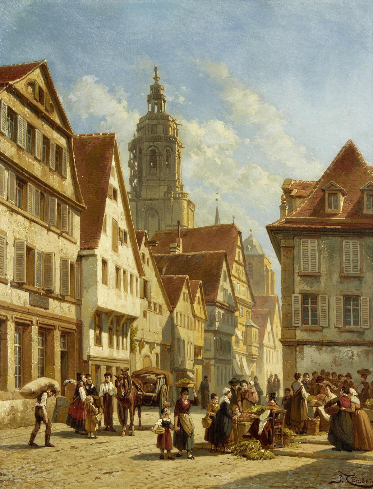 Hand-painted old town market square scene landscape oil painting on canvas