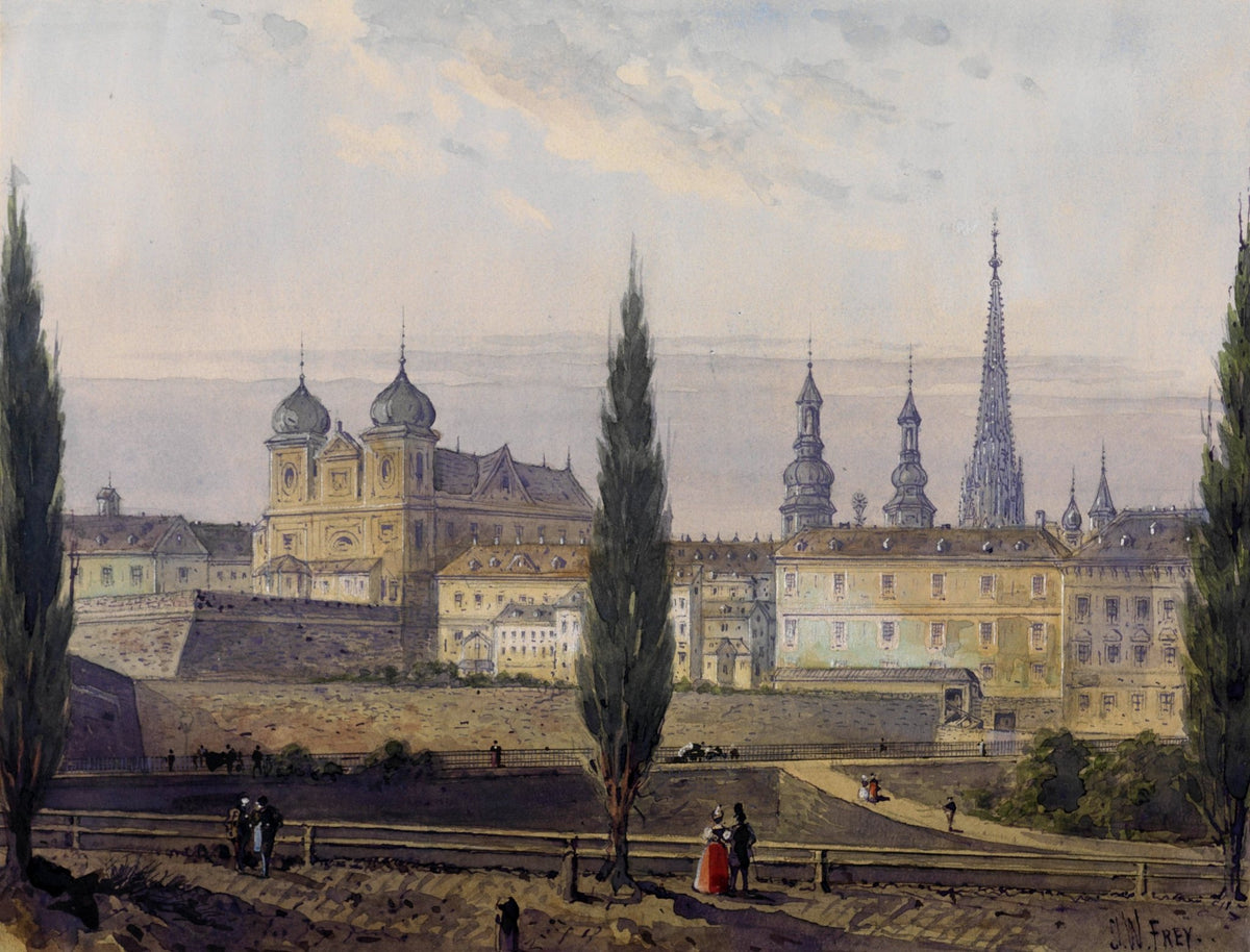 Hand-painted old town skyline with cathedral spires landscape oil painting on canvas