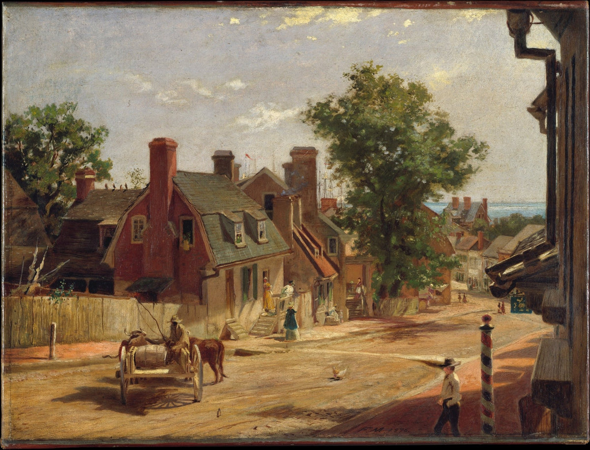 Hand-painted old town street with cart and sea view landscape oil painting on canvas