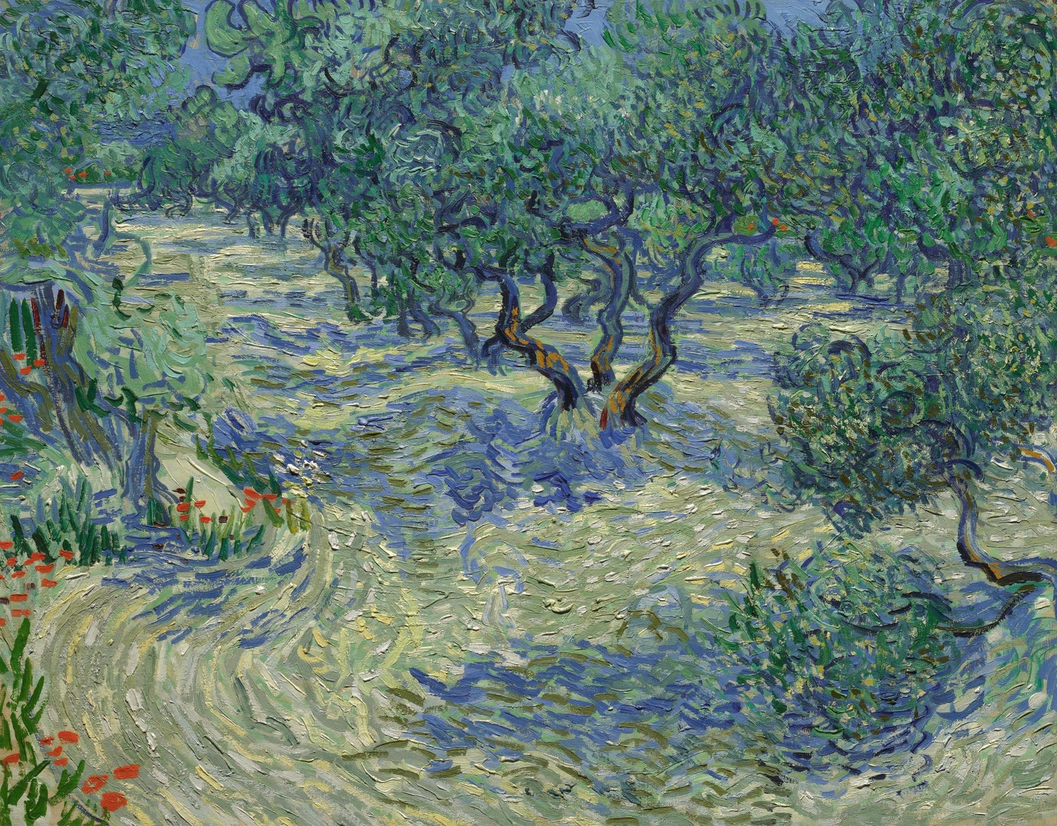 Hand-painted olive orchard in blue and green landscape oil painting on canvas
