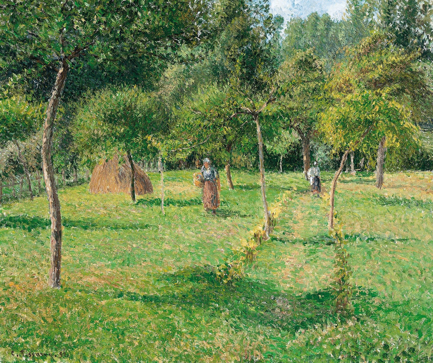 Landscape oil painting of orchard with sunlit trees and two figures, textured brushwork on canvas. - Add Frame, Canvas, Figure, Forest, Hand Painted, Landscape, Made To Order, Oil Painting, Orchard