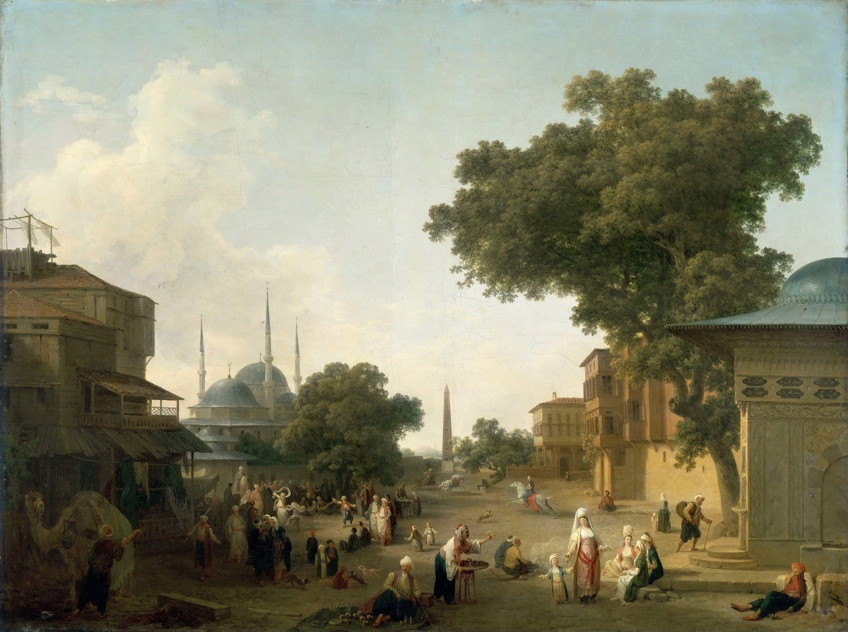 Landscape oil painting of an Oriental market scene with figures, hand painted oil on canvas, textured brushwork highlighting . - Add Frame, Canvas, Figure, Forest, Hand Painted, Landscape, Made To Order, Oil Painting
