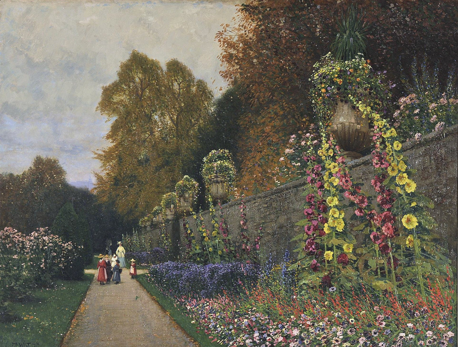 Landscape Oil Painting - Ornamental Garden Path, Blooms & Urn Planters - Oil Painting Haven