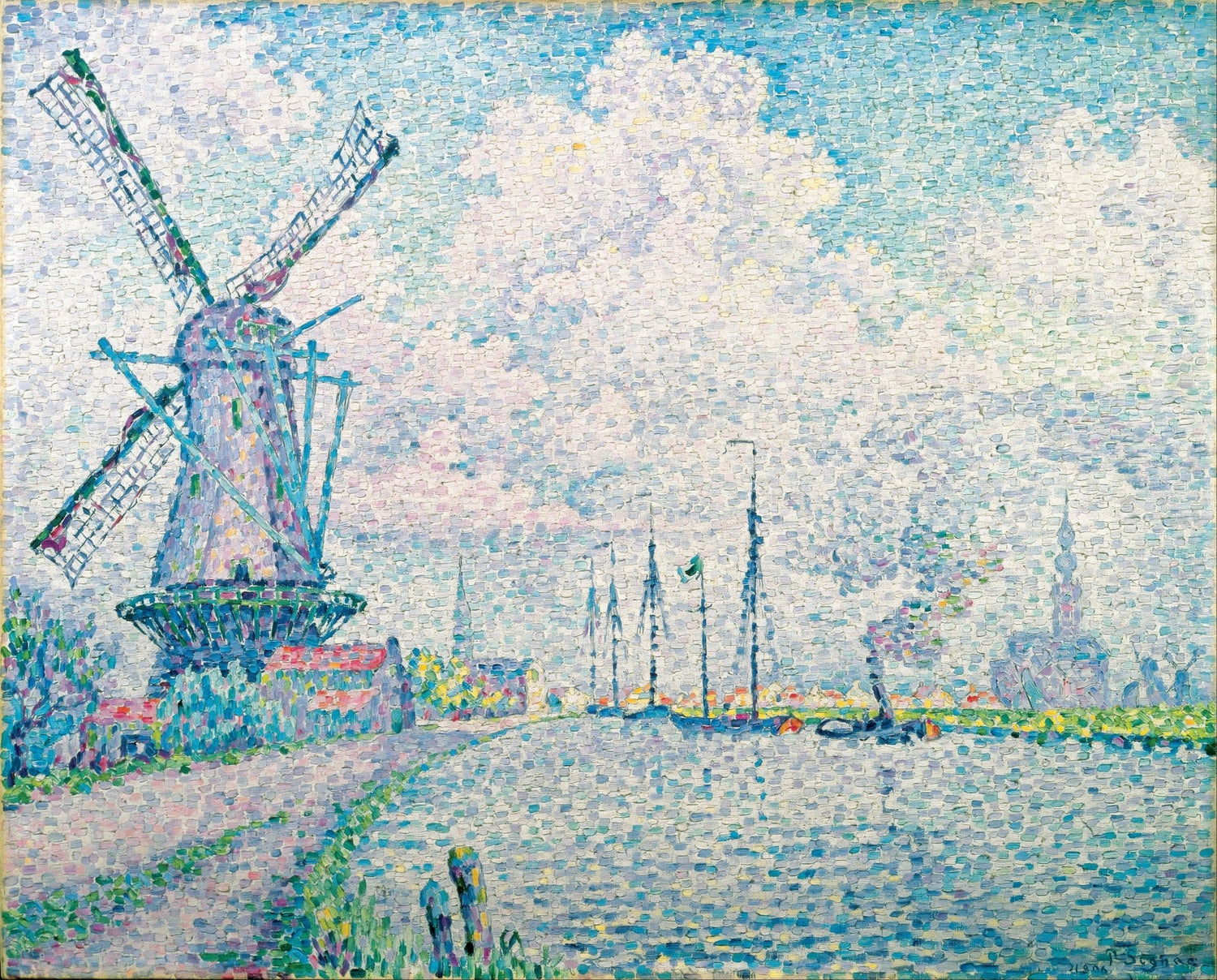 Hand-painted overschie canal windmill scene landscape oil painting on canvas