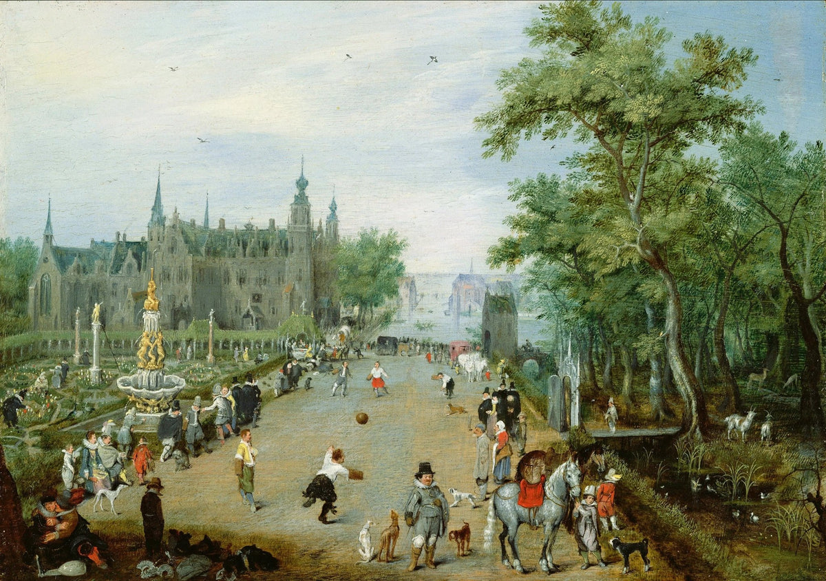 Hand painted oil on canvas landscape oil painting of palace grounds with figures, castle, trees, and textured brushwork. - Add Frame, Architecture, Canvas, Castle, Figure, Forest, Hand Painted, Landscape, Made To Order, Oil Painting