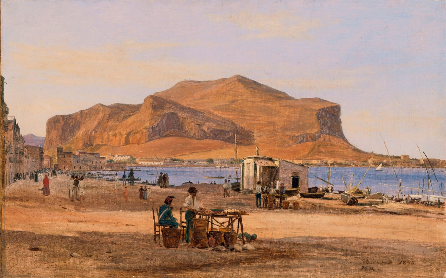 Landscape oil painting of Palermo harbor with boats and figures along textured shoreline, hand painted oil on canvas with. - Add Frame, Boat, Canvas, Coastal, Hand Painted, Harbor, Landscape, Made To Order, Mountain, Oil Painting, Seascape