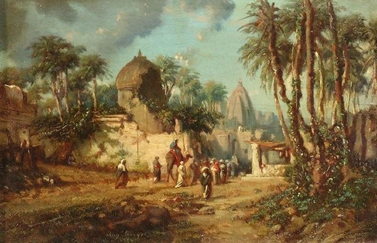 Hand-painted palm village street with figures landscape oil painting on canvas