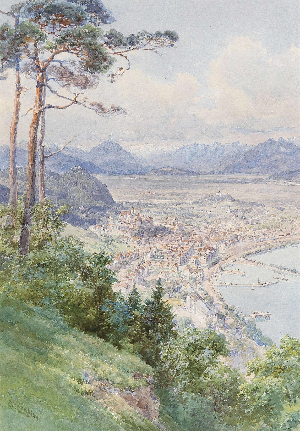 Hand-painted panoramic alpine town and lakeside view landscape oil painting on canvas