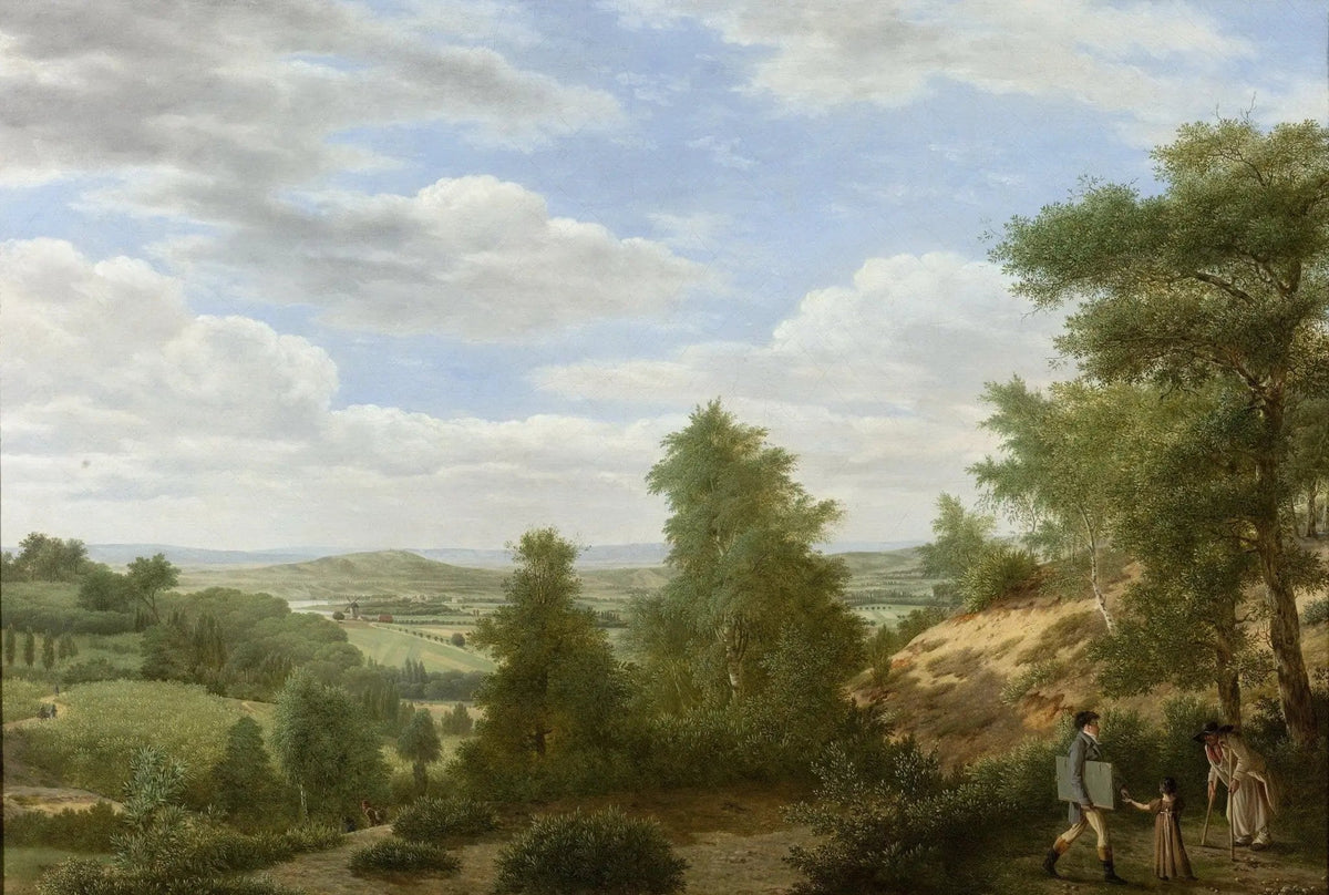Panoramic landscape oil painting showing a forest clearing with two figures near a path, textured brushwork on oil on canvas . - Add Frame, Canvas, Figure, Forest, Hand Painted, Landscape, Made To Order, Oil Painting