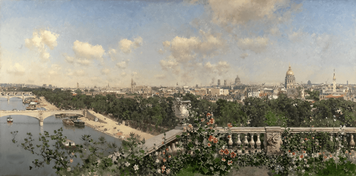 Hand-painted paris river view from garden terrace landscape oil painting on canvas