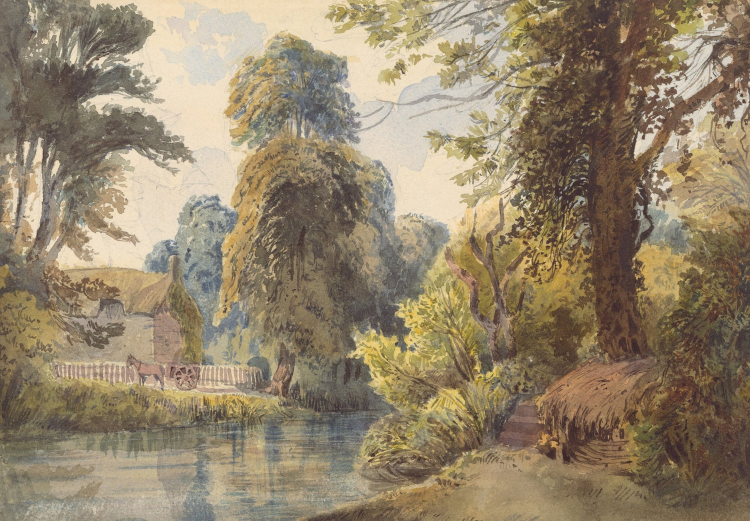 Hand-painted park pond with cottage and garden path landscape oil painting on canvas