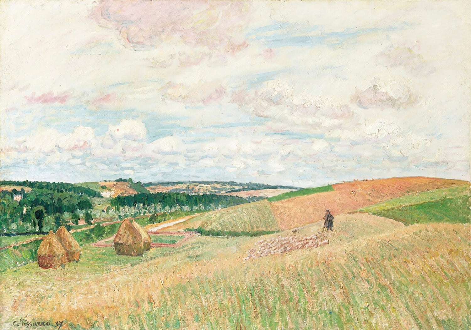 Hand-painted pastel harvest fields with haystacks landscape oil painting on canvas