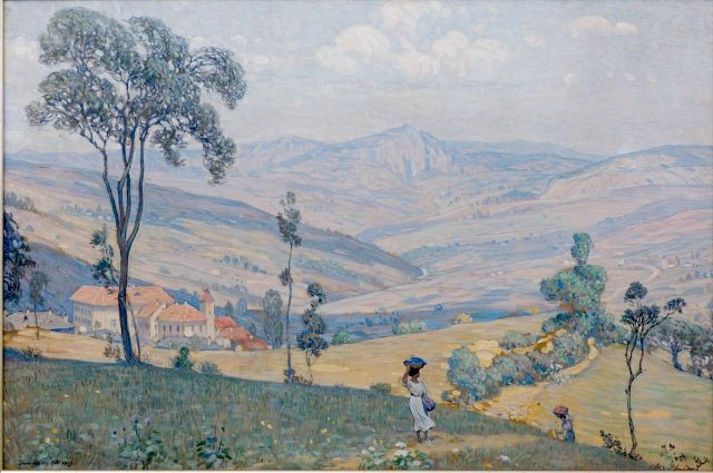 Hand-painted pastel valley with village and woman landscape oil painting on canvas
