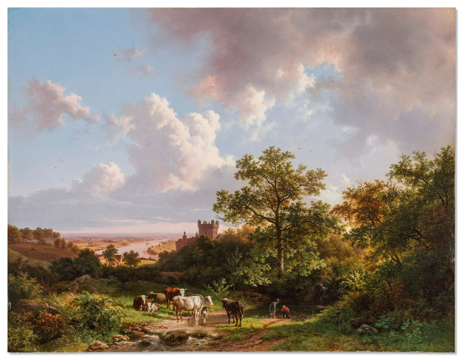 Hand-painted pastoral cattle scene with castle view landscape oil painting on canvas