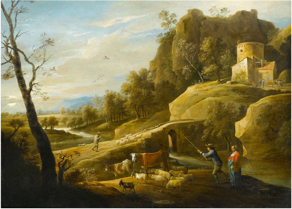Hand-painted pastoral cliffside chapel and sheep landscape oil painting on canvas