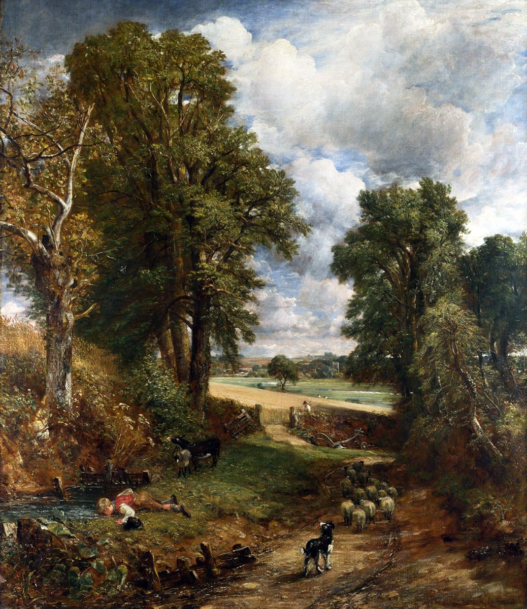 Hand-painted pastoral country path with sheep and dog landscape oil painting on canvas