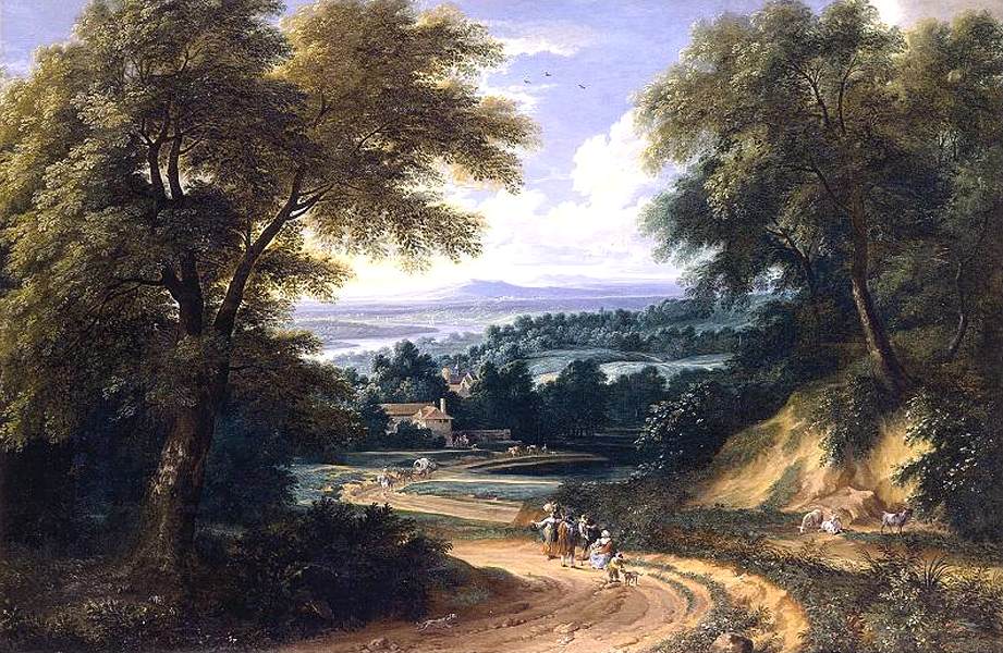 Hand-painted pastoral country road and valley view landscape oil painting on canvas