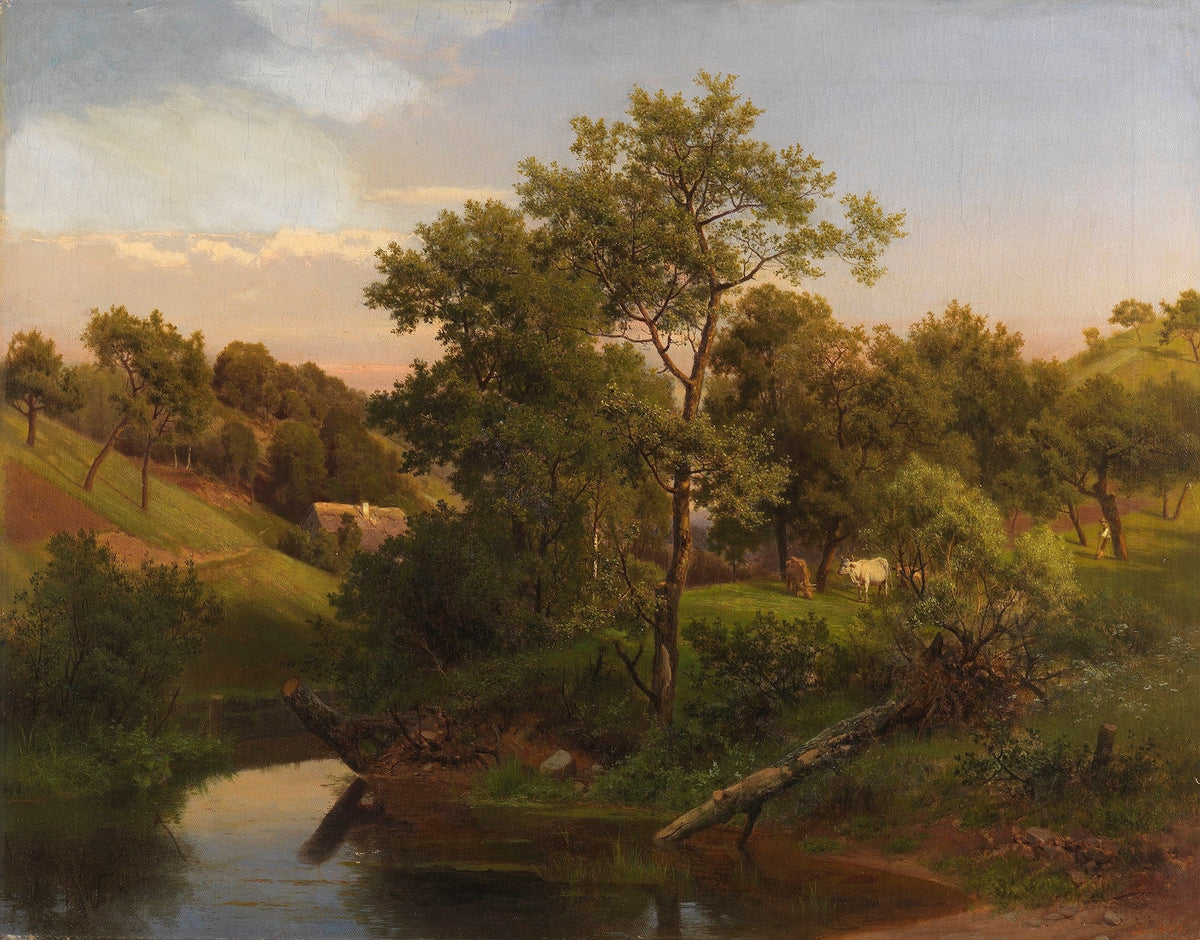 Hand-painted pastoral creek and hillside cows landscape oil painting on canvas