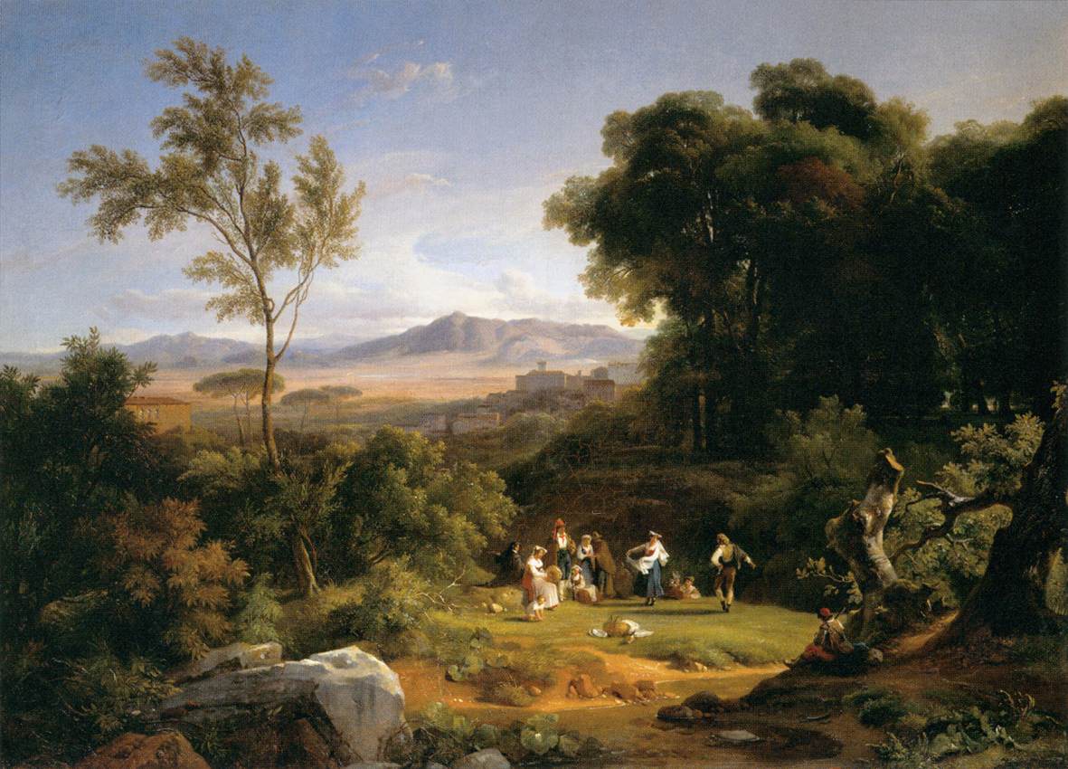 Hand-painted pastoral figures in woodland valley view landscape oil painting on canvas