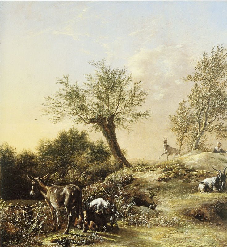 Hand-painted pastoral hillside with donkey and goats landscape oil painting on canvas