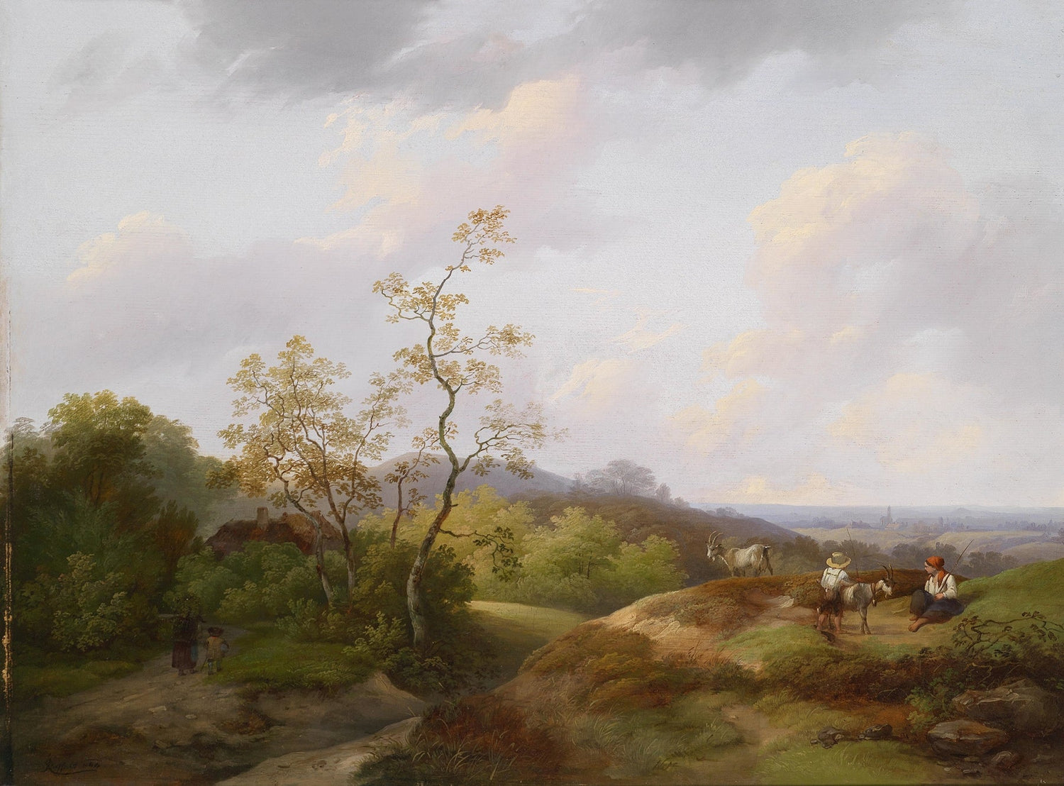 Hand-painted pastoral hillside with goats and figures landscape oil painting on canvas