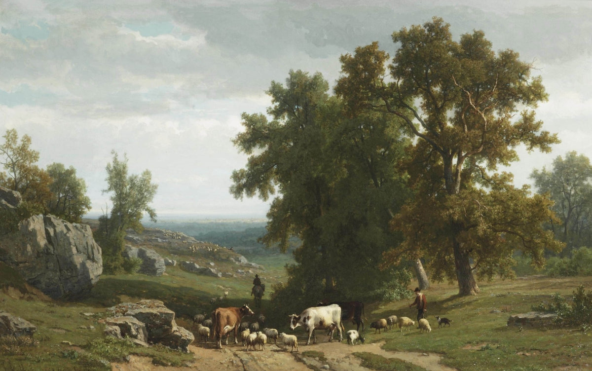 Hand-painted pastoral meadow with cattle and sheep landscape oil painting on canvas