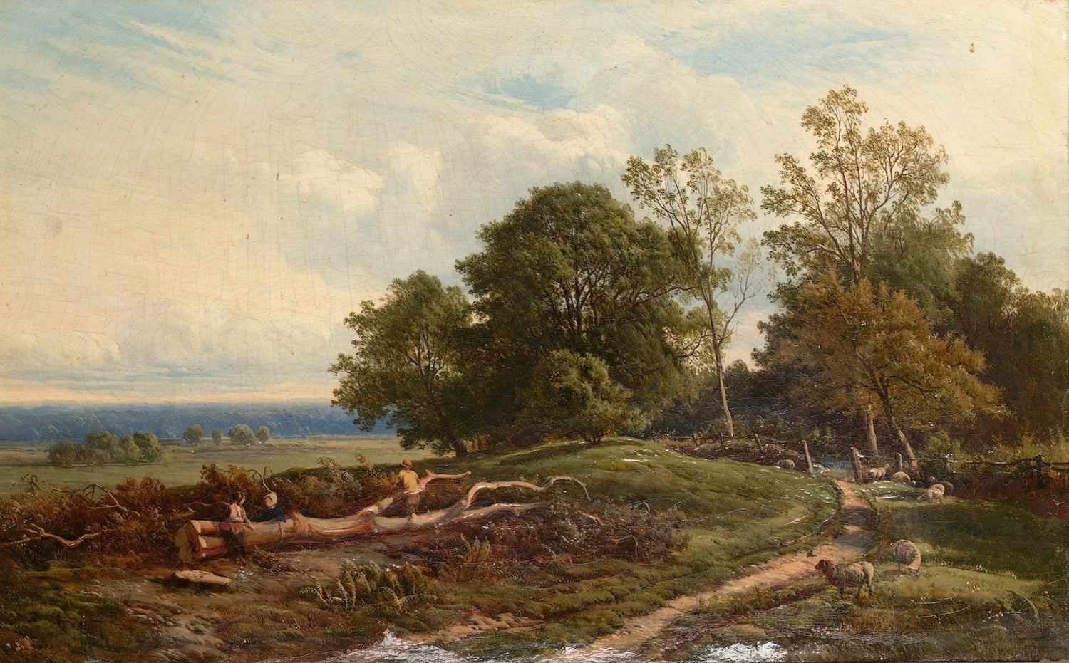 Hand-painted pastoral path with trees and sheep landscape oil painting on canvas