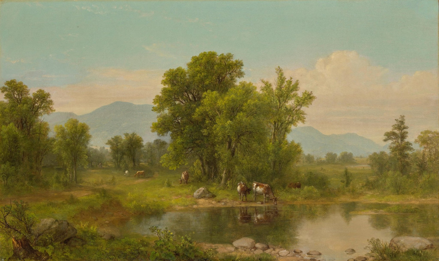 Hand-painted pastoral pond with cattle and trees landscape oil painting on canvas