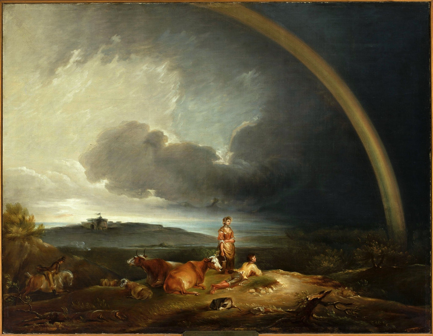 Landschaftsgemälde in Öl – Küstendorf mit Leuchtturm und Sonnenuntergang