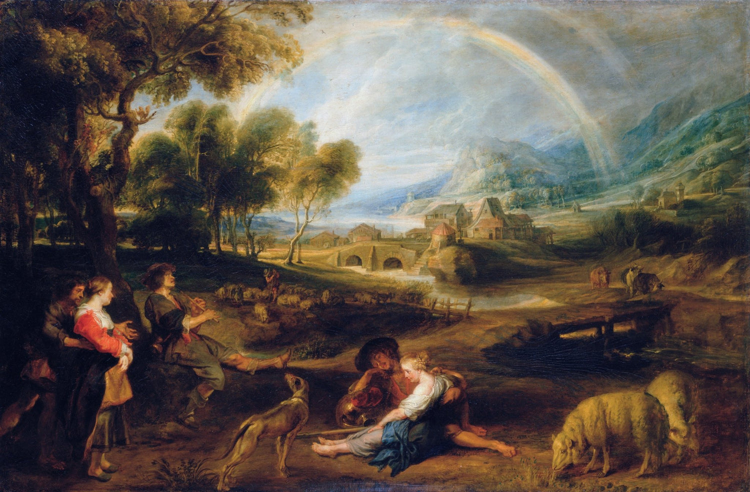 Hand-painted pastoral rainbow valley with figures landscape oil painting on canvas